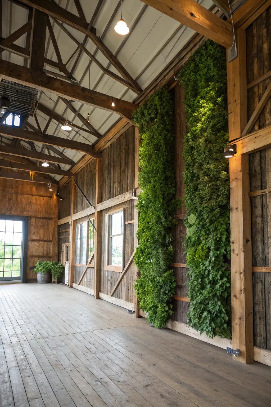 A barn loft rejuvenated by a vertical garden wall, merging nature with design.
