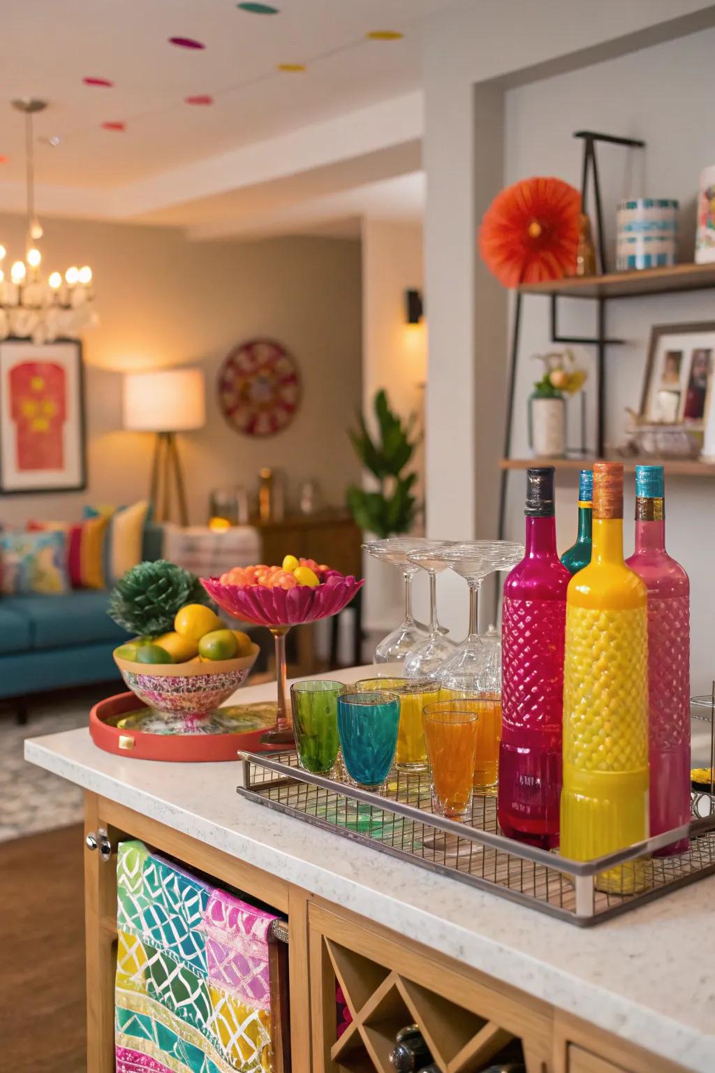 Colorful accents bring vibrancy and personality to your bar setup.