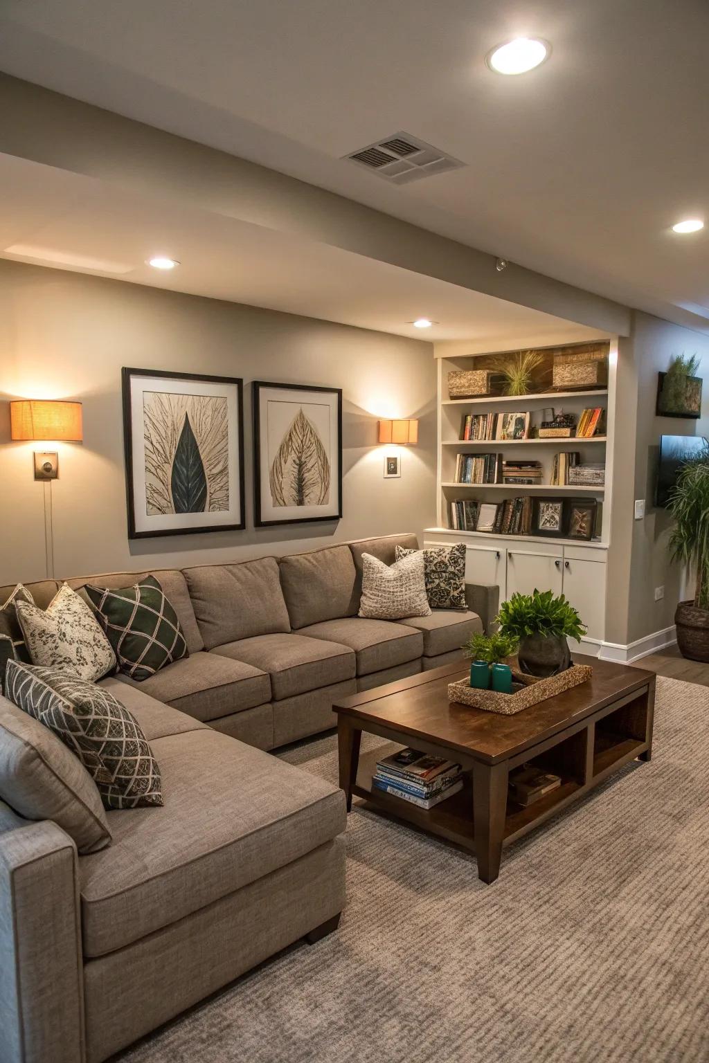 Multi-functional furniture enhances the versatility of this basement space.