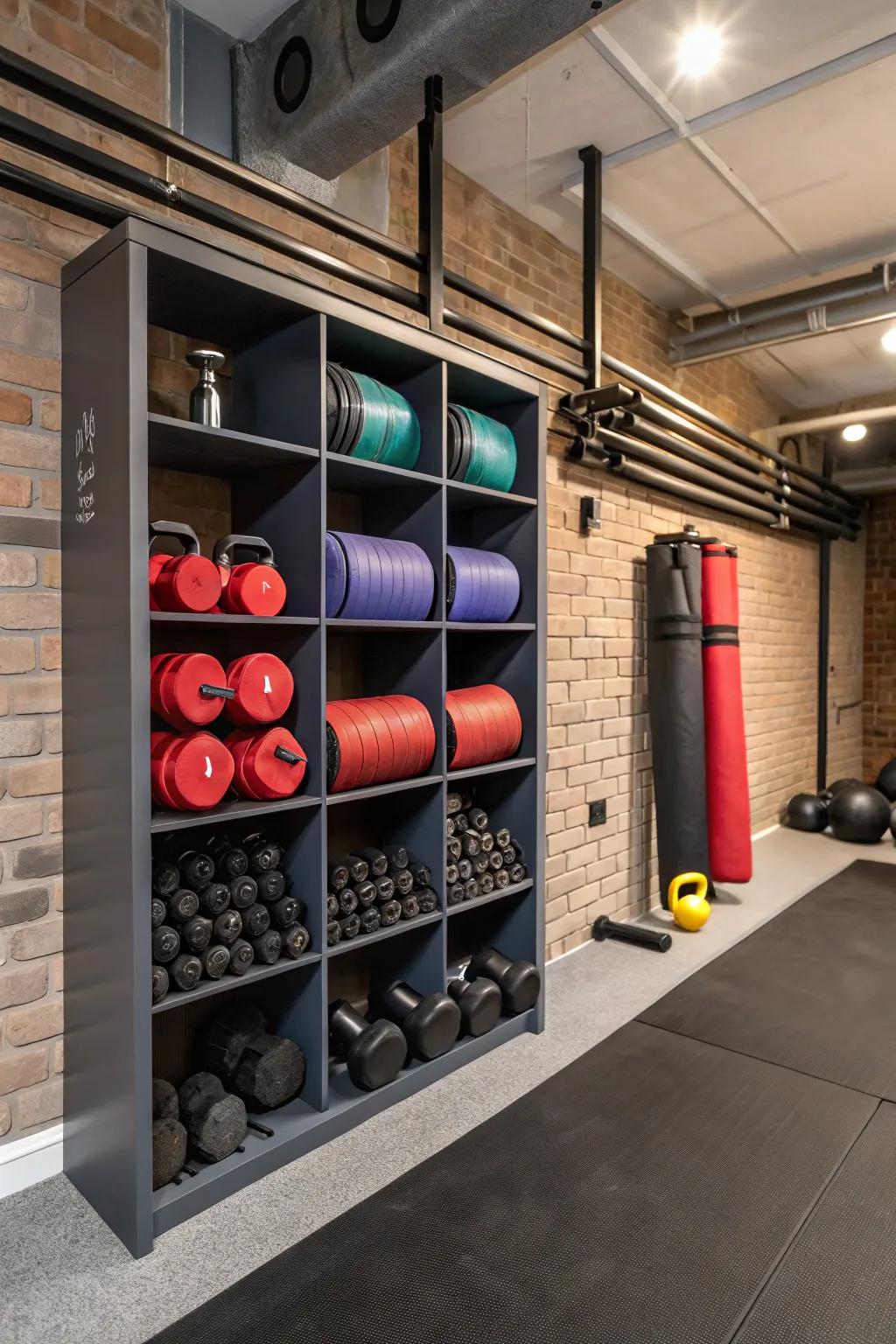 Creative wall storage keeps your gym organized and accessible.