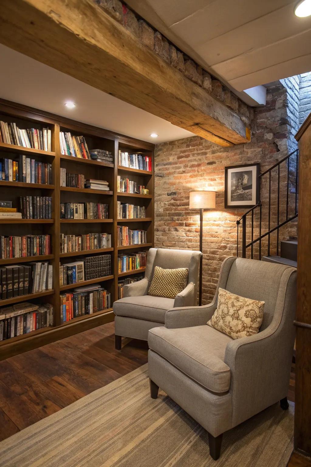 A mini library turns the basement into a cozy reading nook.