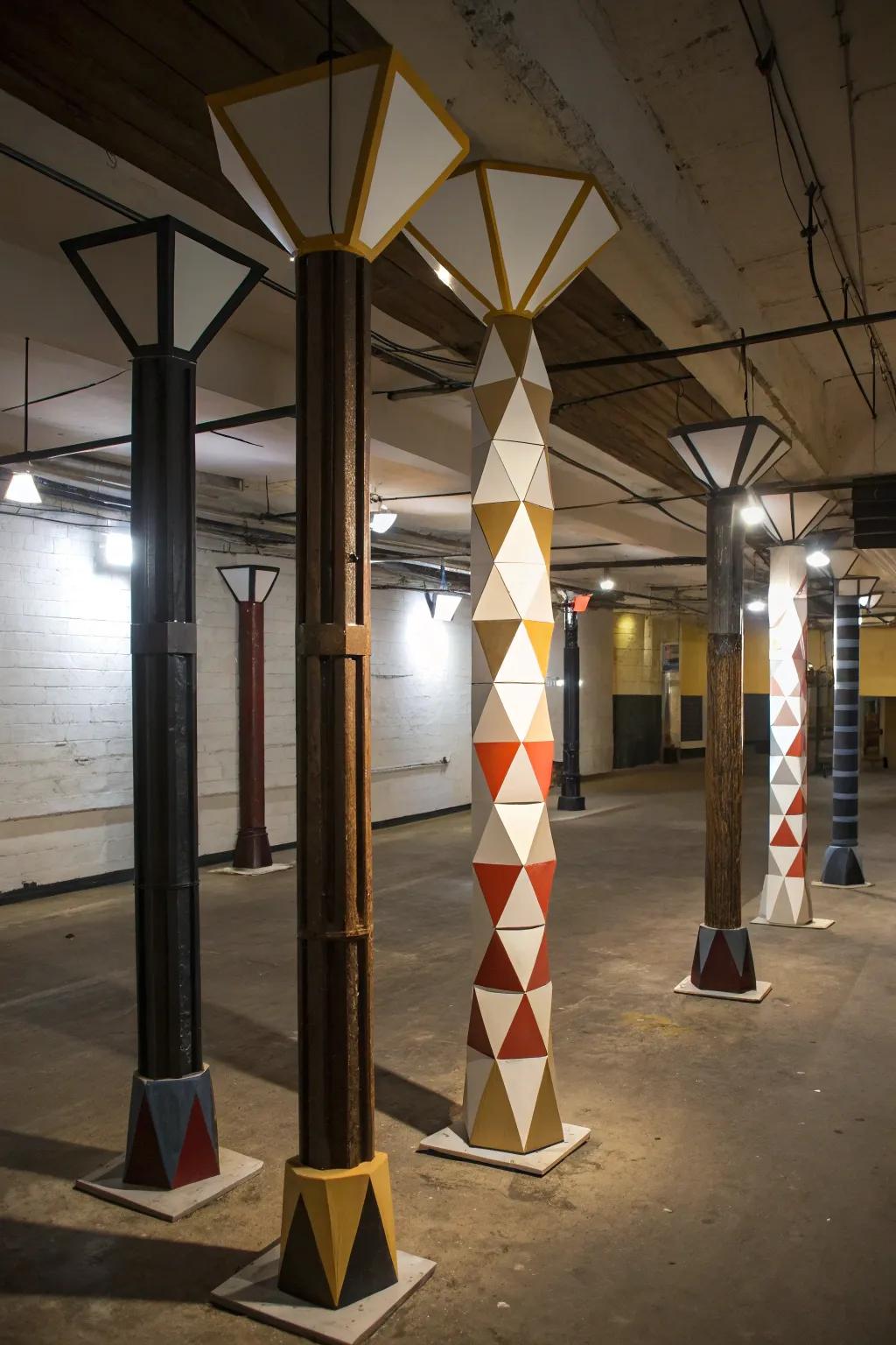 Geometric designs add a modern touch to basement poles.