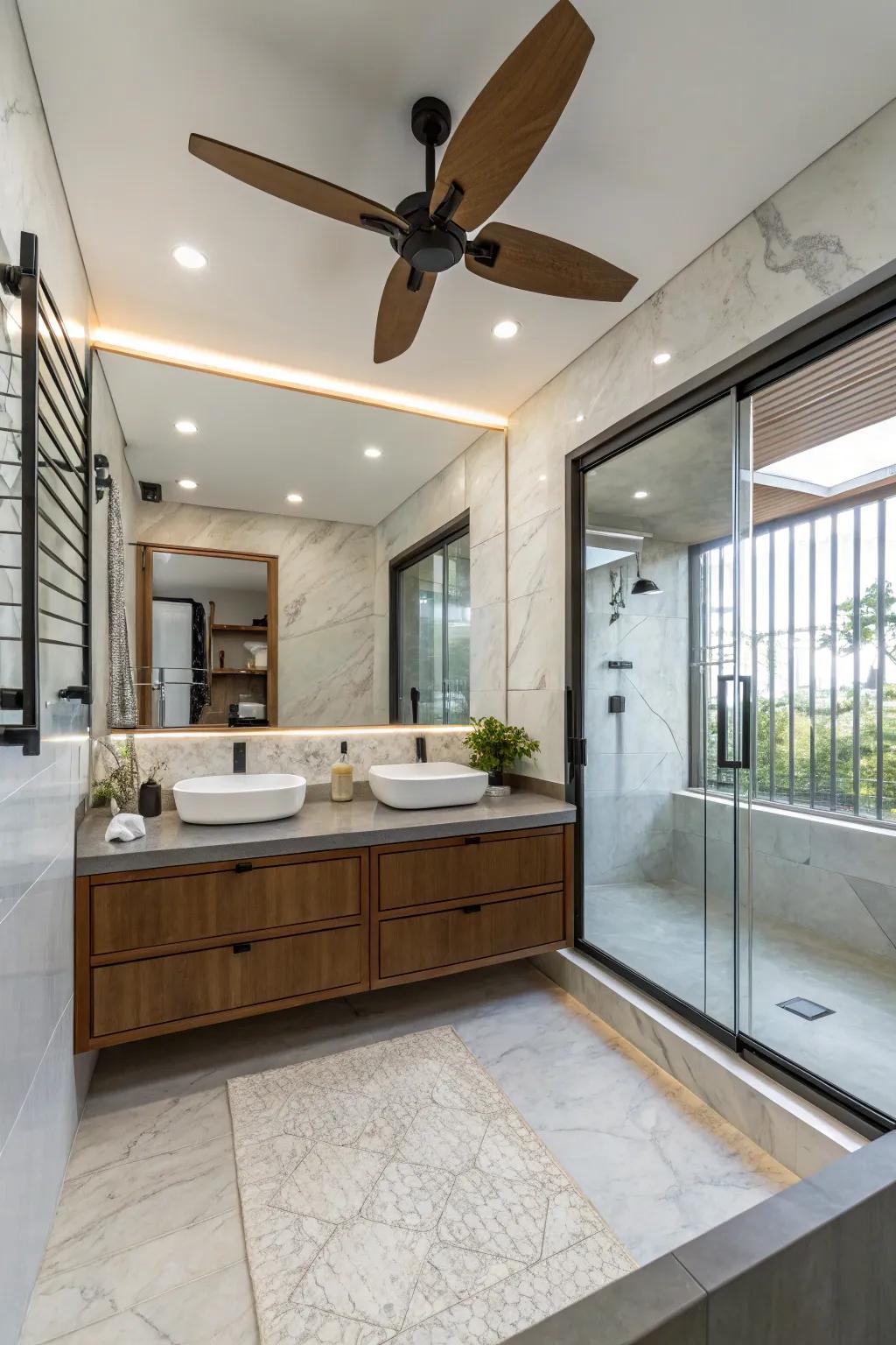 Ceiling fans enhance comfort and style, perfectly blending form and function in your bathroom.