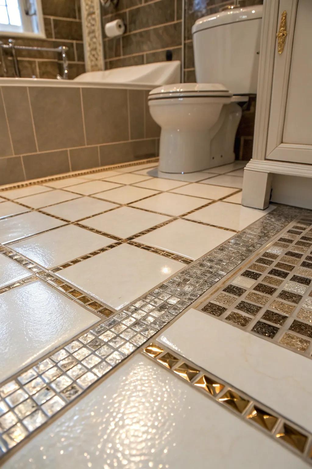 Metallic accents bring glamour and sophistication to bathroom floors.