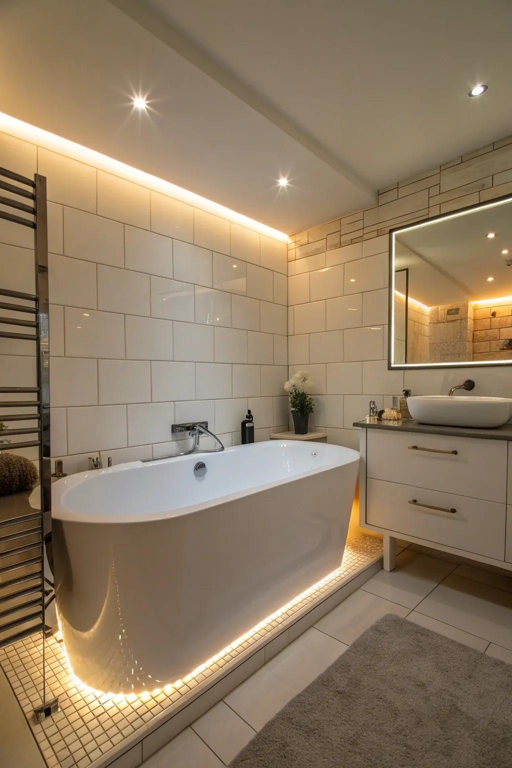 LED lighting creates a soothing ambiance around the bathtub.