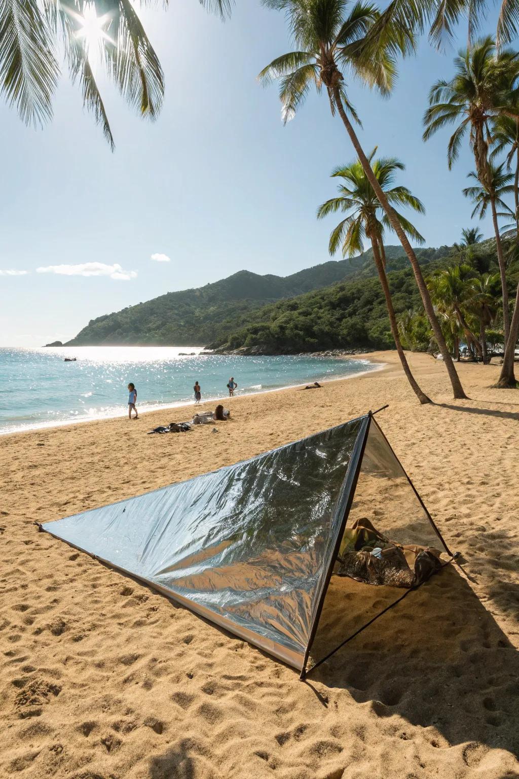 Reflective tarps reduce heat and are easy to set up for beach comfort.