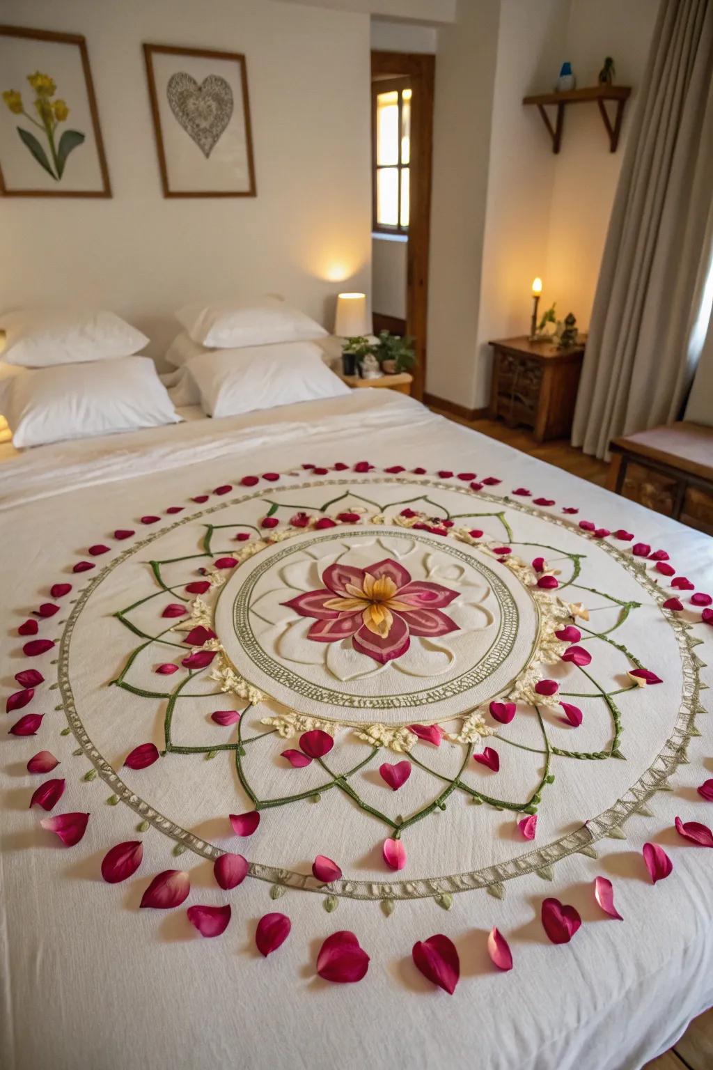 A creative rose petal design forming a stunning floral mandala on the bed.