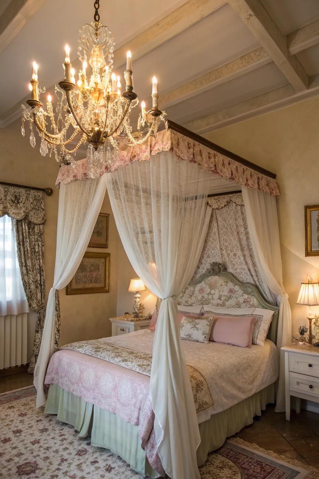 Chandeliers complement canopy beds with elegance.