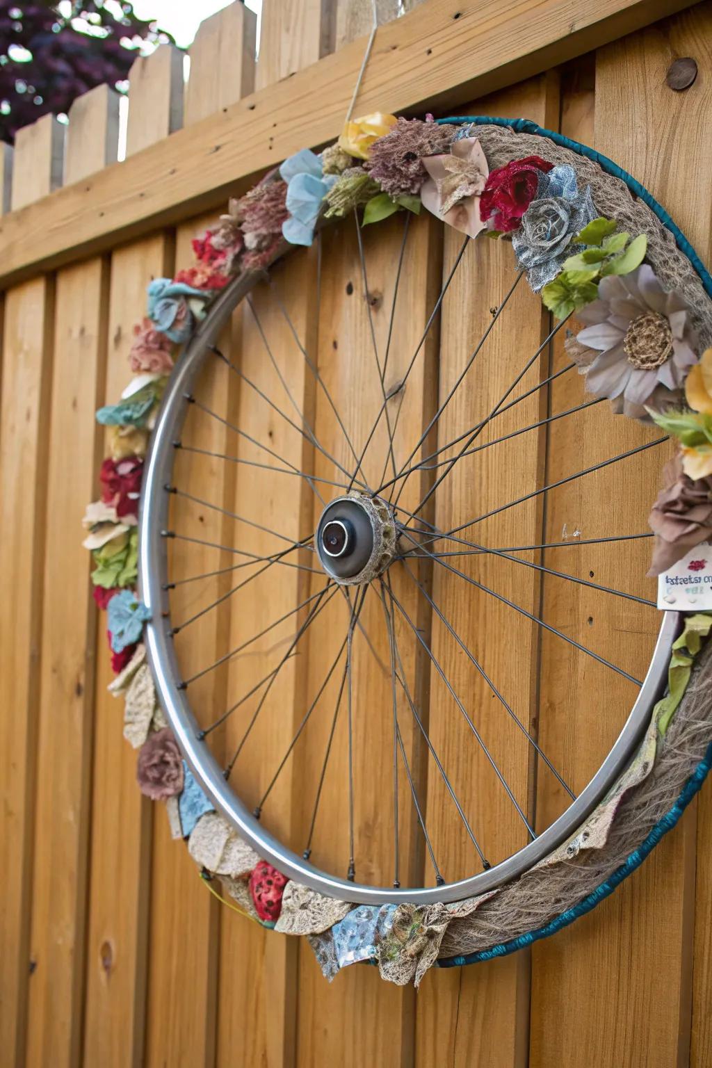 An upcycled bicycle wreath with recycled materials for eco-friendly elegance.