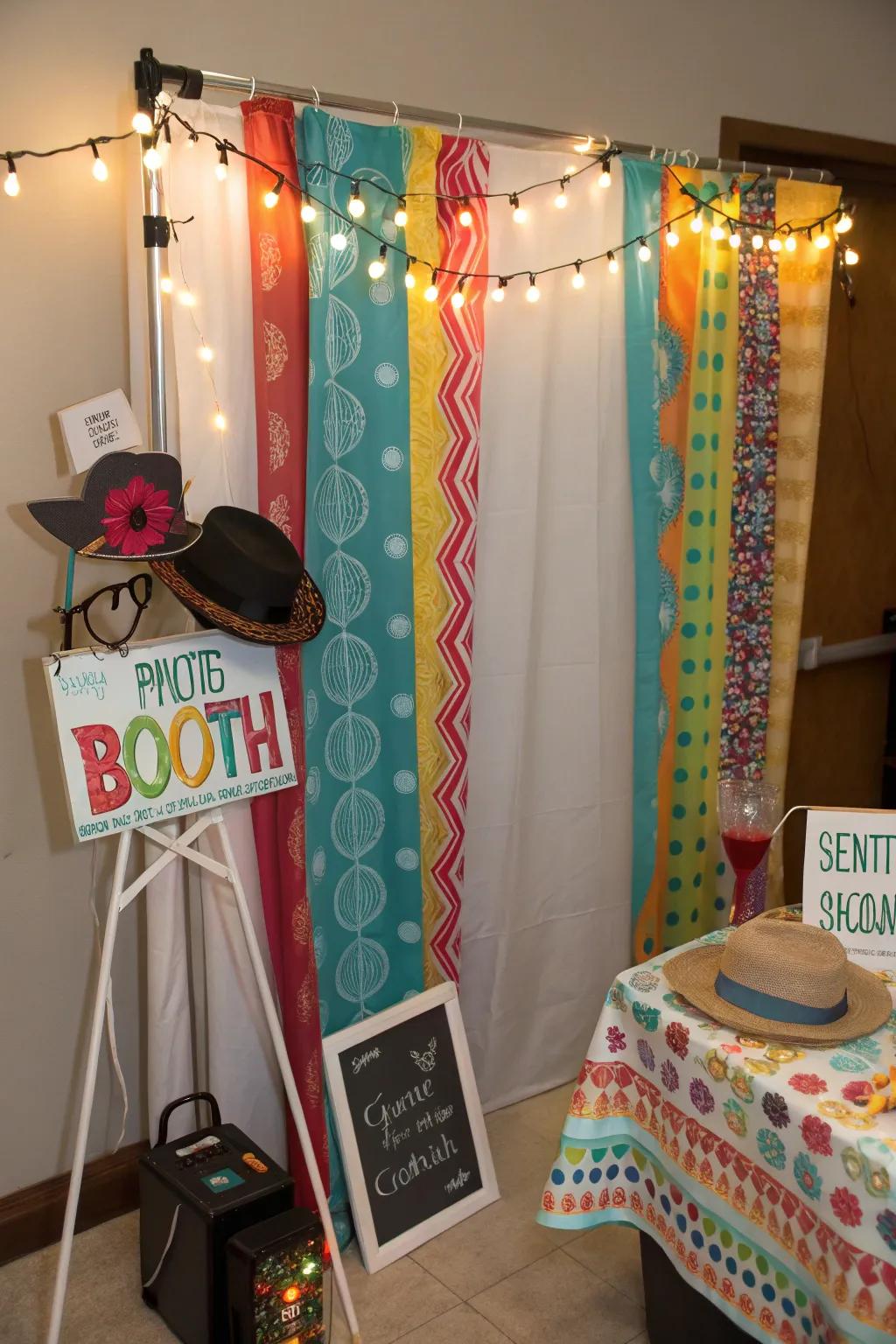 A creative DIY photo booth setup with props and backdrop.