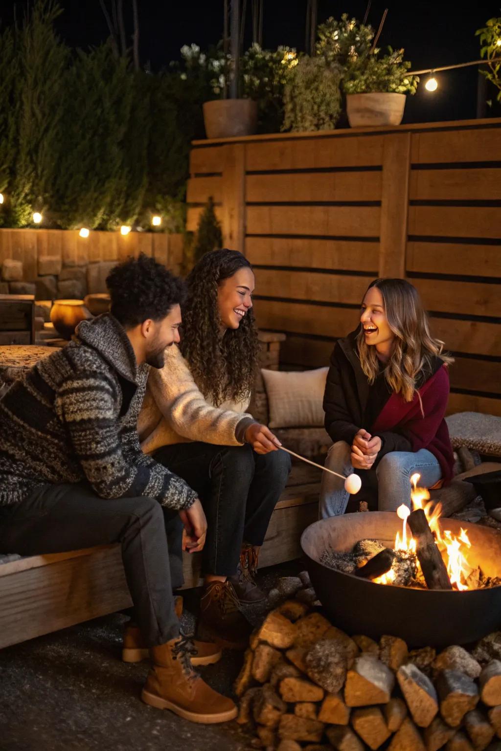 A fire pit gathering offers warmth and camaraderie.