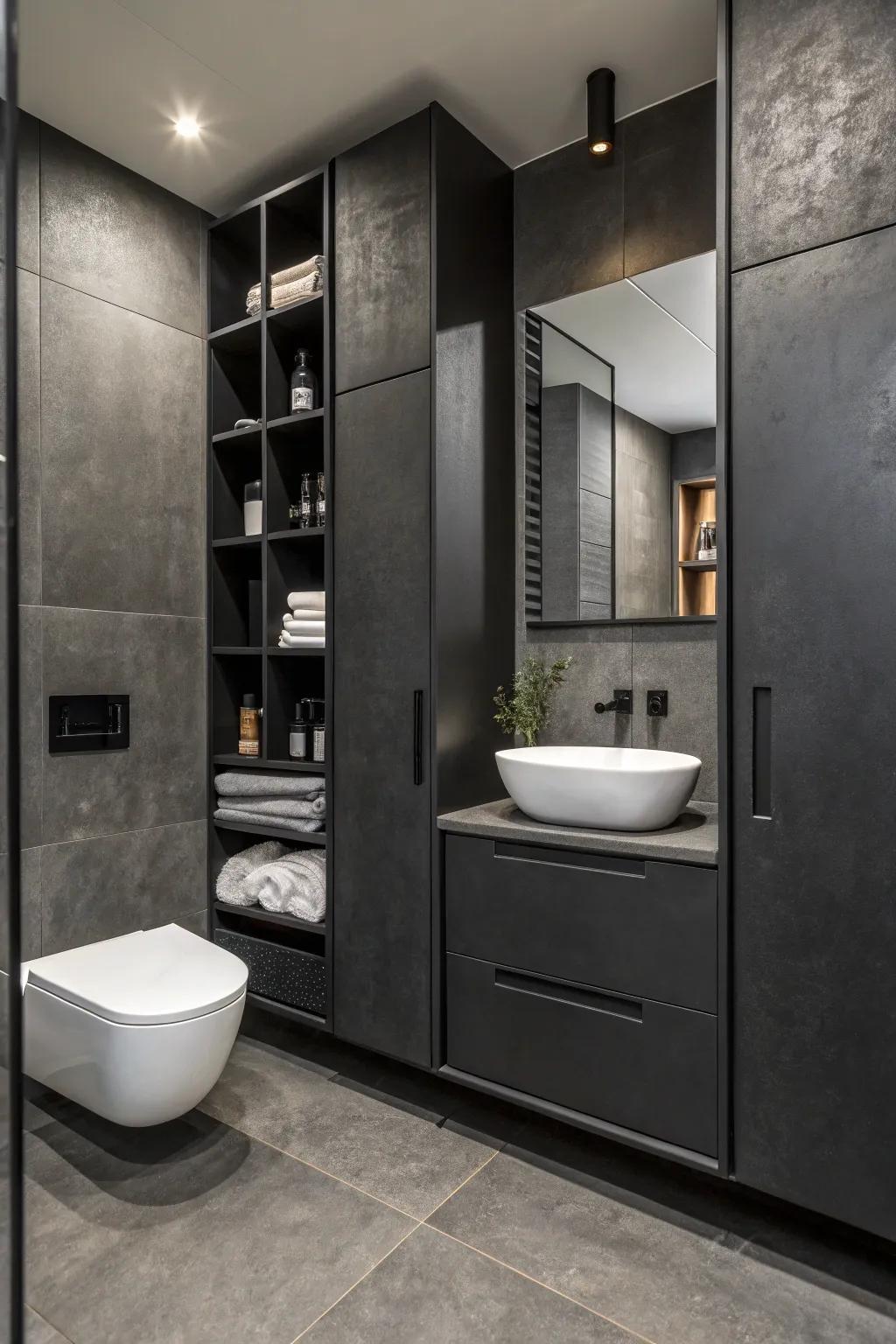 A bathroom with hidden storage solutions for a clutter-free environment.