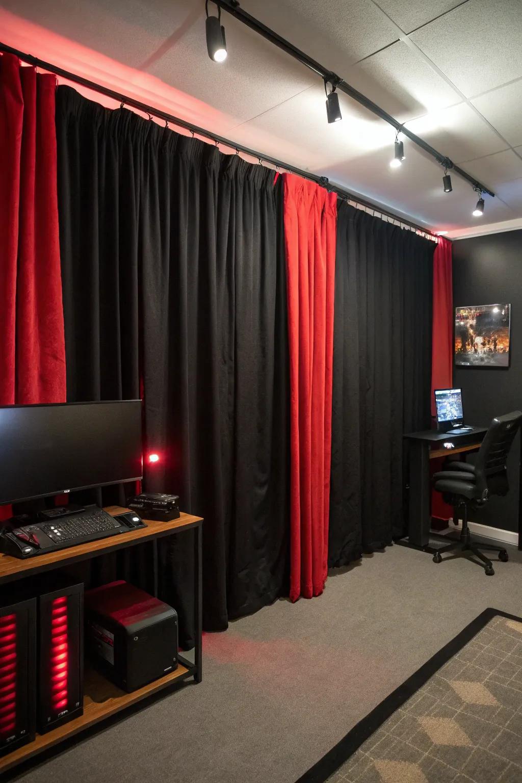 Blackout curtains in black and red enhance focus and contribute to aesthetic harmony.