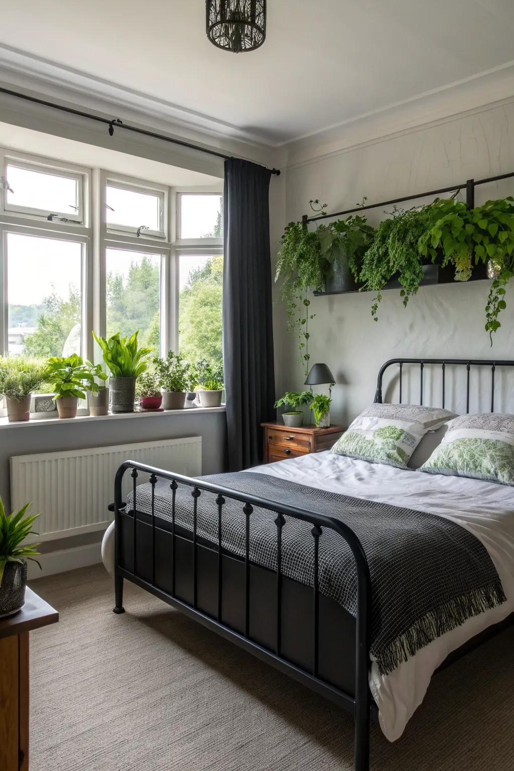 Lush plants bring freshness and life to this black-themed bedroom.