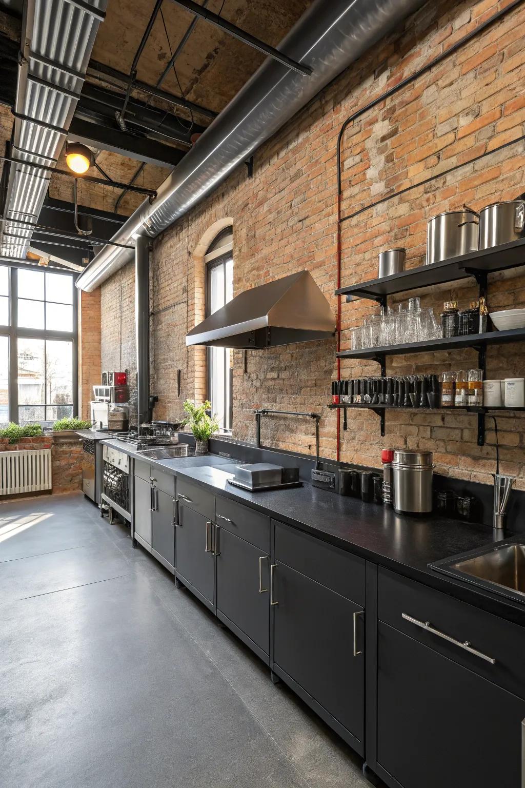 Industrial vibe with black countertops and exposed brick.