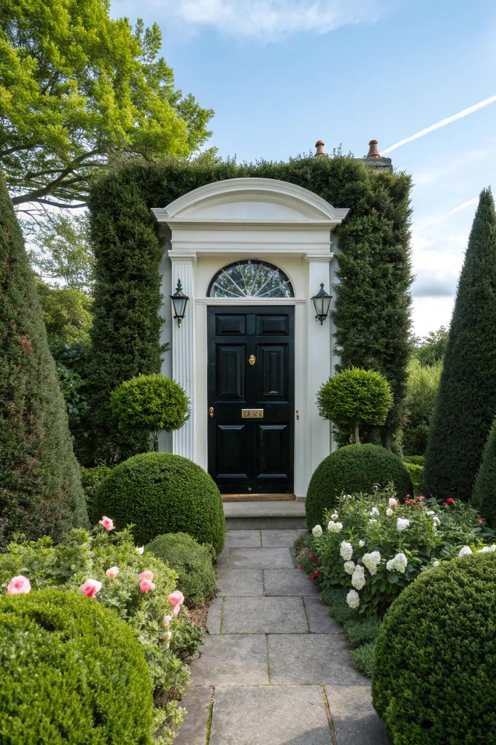 Symmetrical landscaping enhances the balanced look of a black door with white trim.