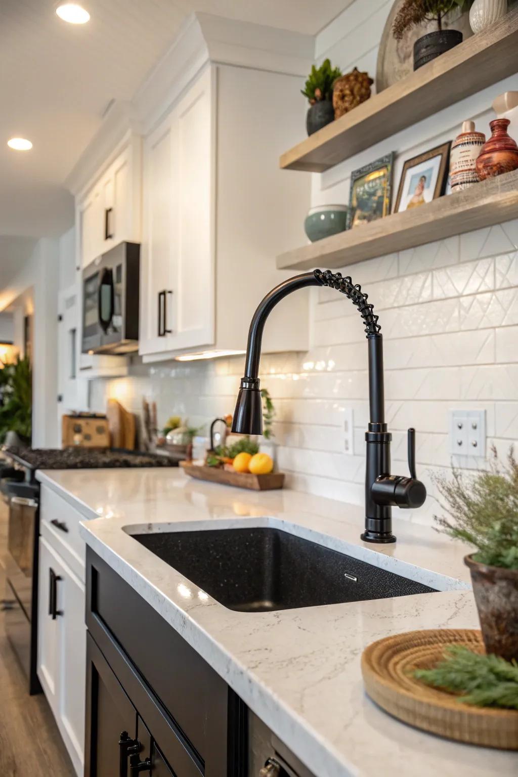 Artistic flair is evident in this kitchen, highlighted by a uniquely designed black faucet.