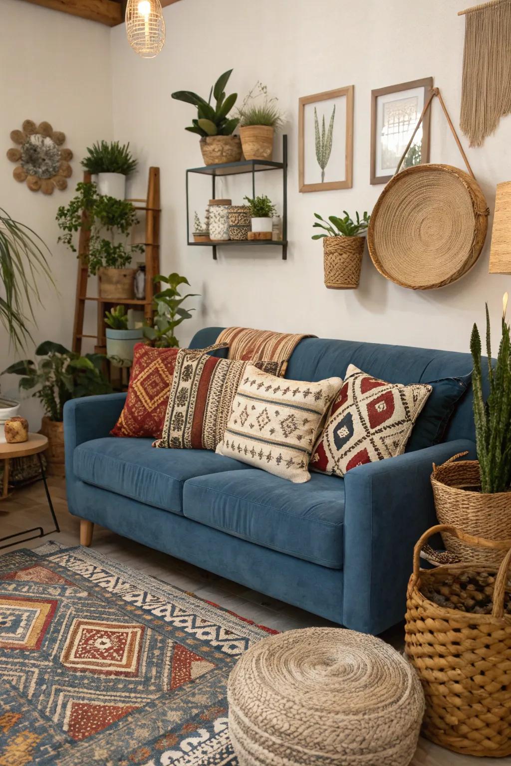 Bohemian textiles and decor create an inviting blue couch setting.