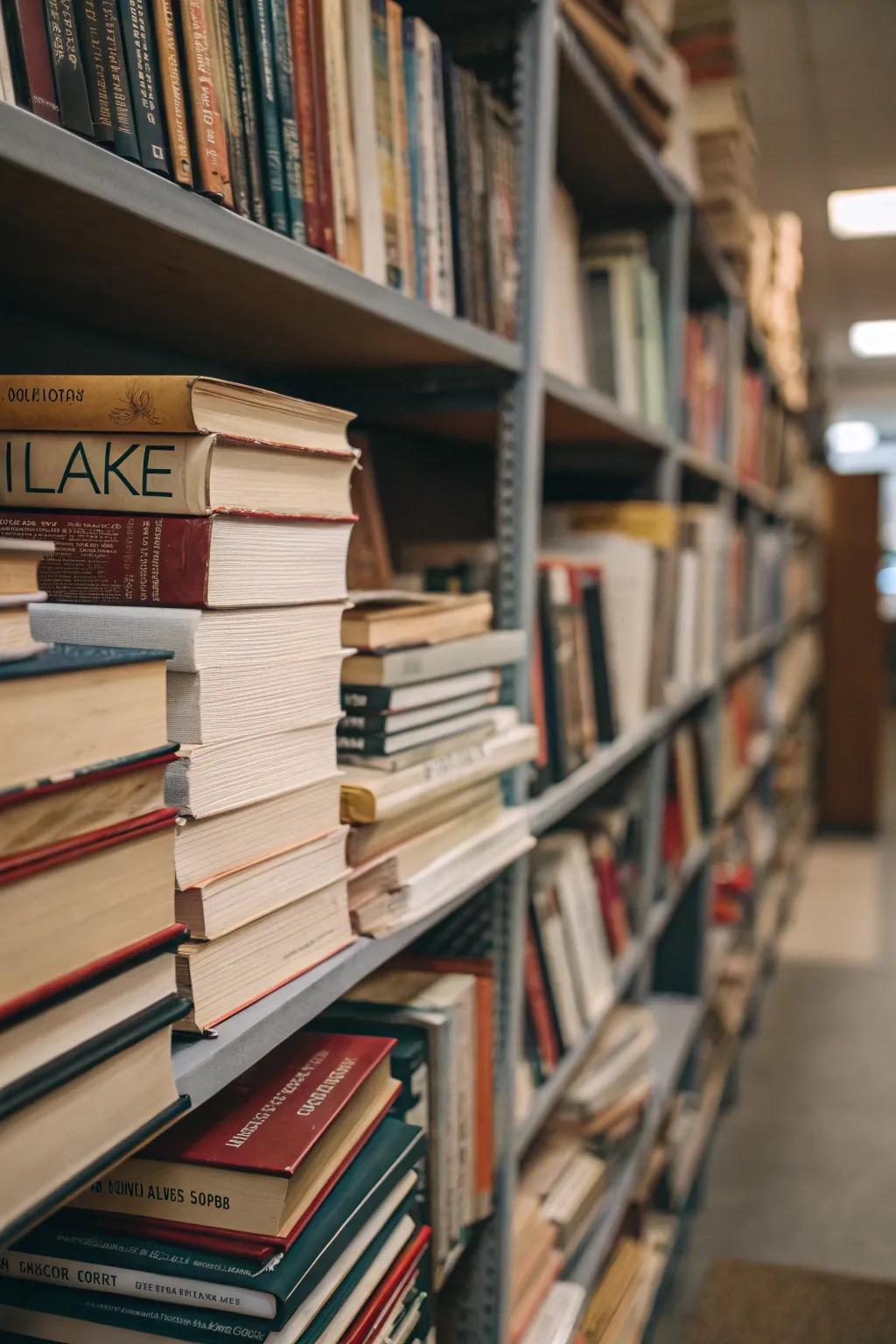 Dynamic book stacking adds variety and interest to a bookshelf.