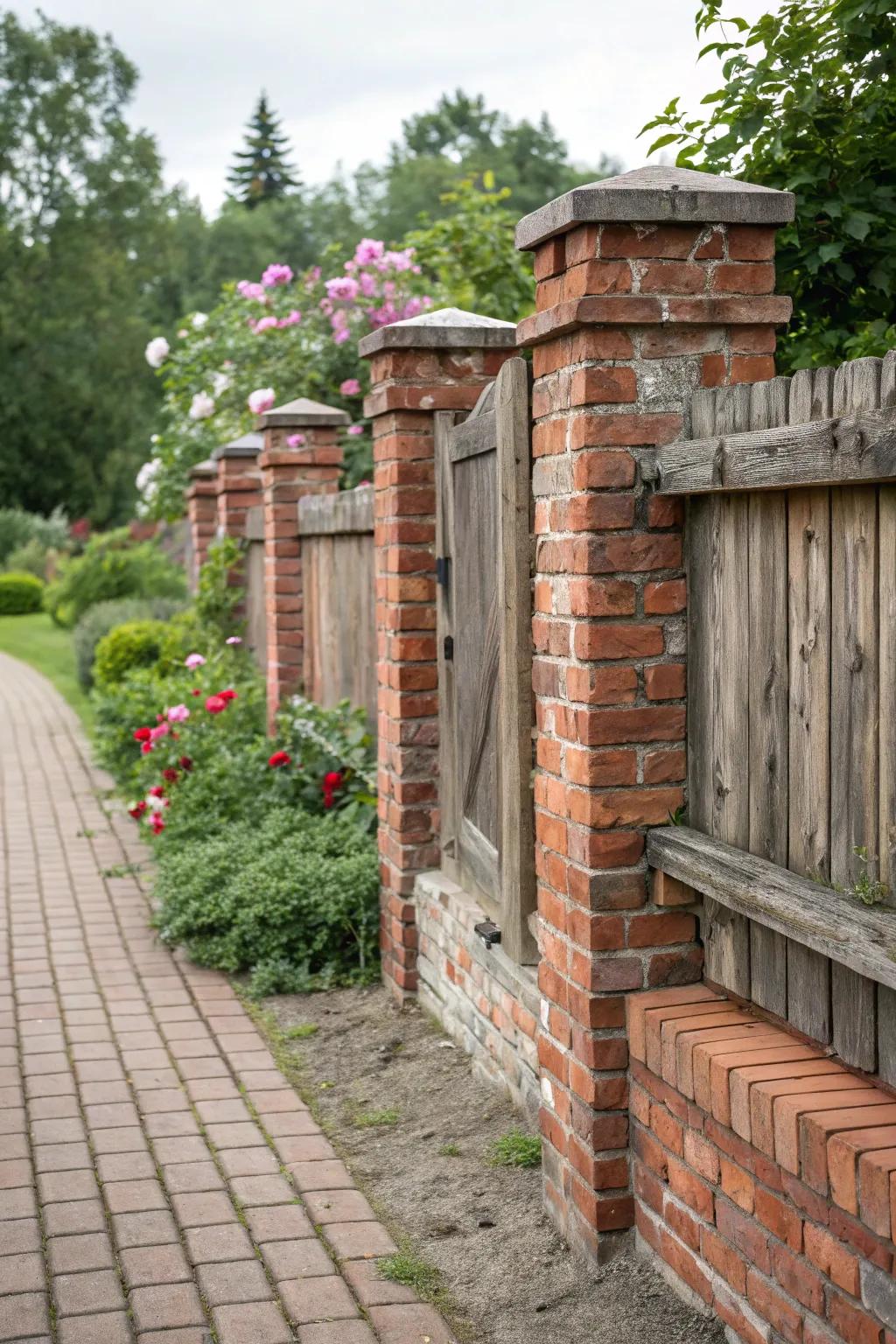 Rustic timber elements add warmth and texture to brick fences.