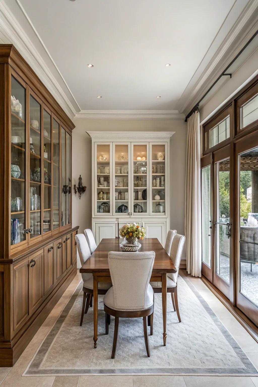 Symmetrical built-in cabinets create balance in the dining room.