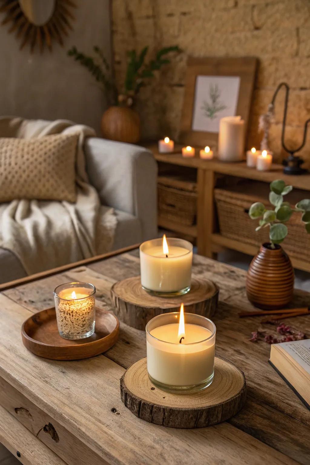 Cozy ambiance with wooden wick candles.