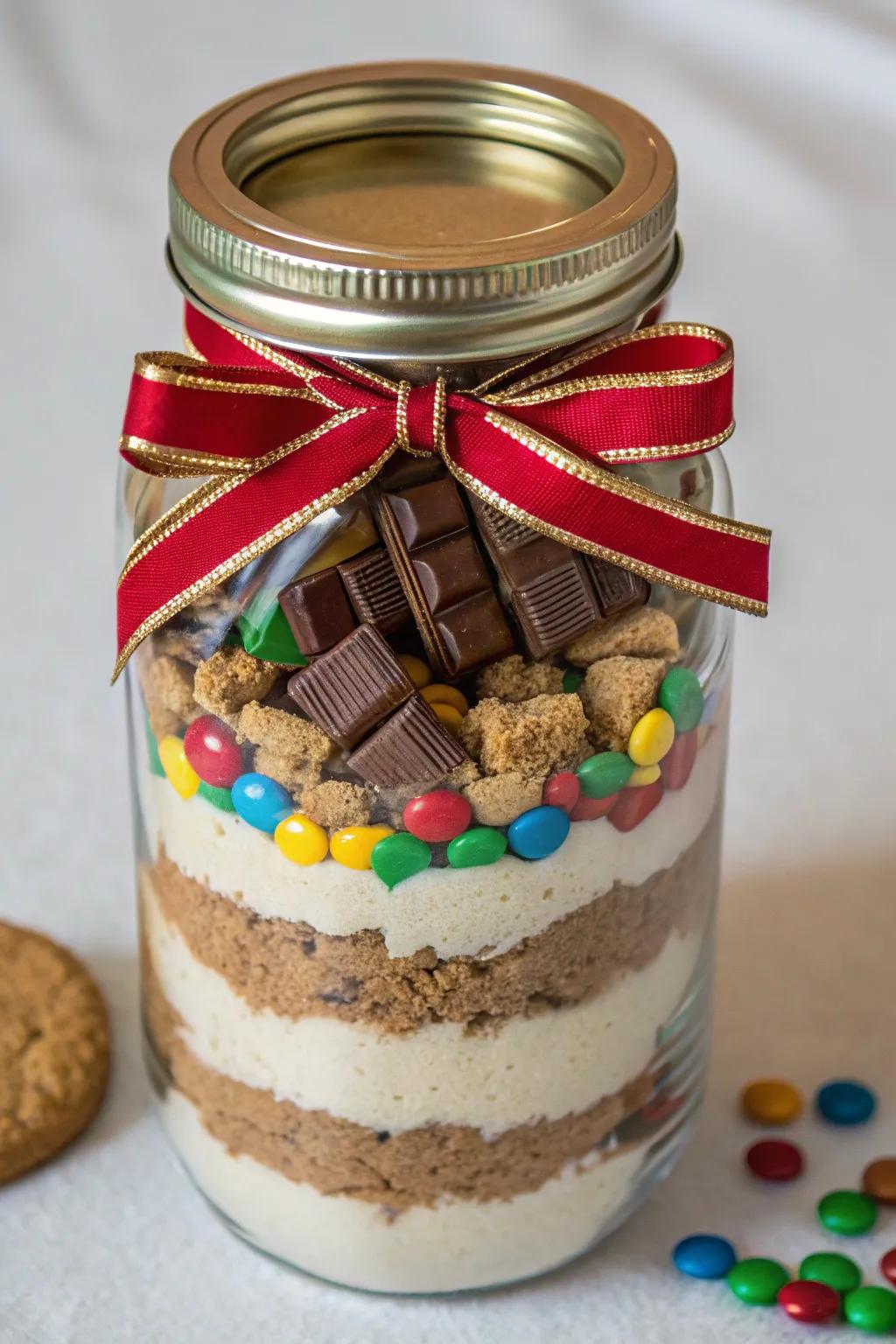 Cookie mix jars with candy bars for a delicious DIY gift.