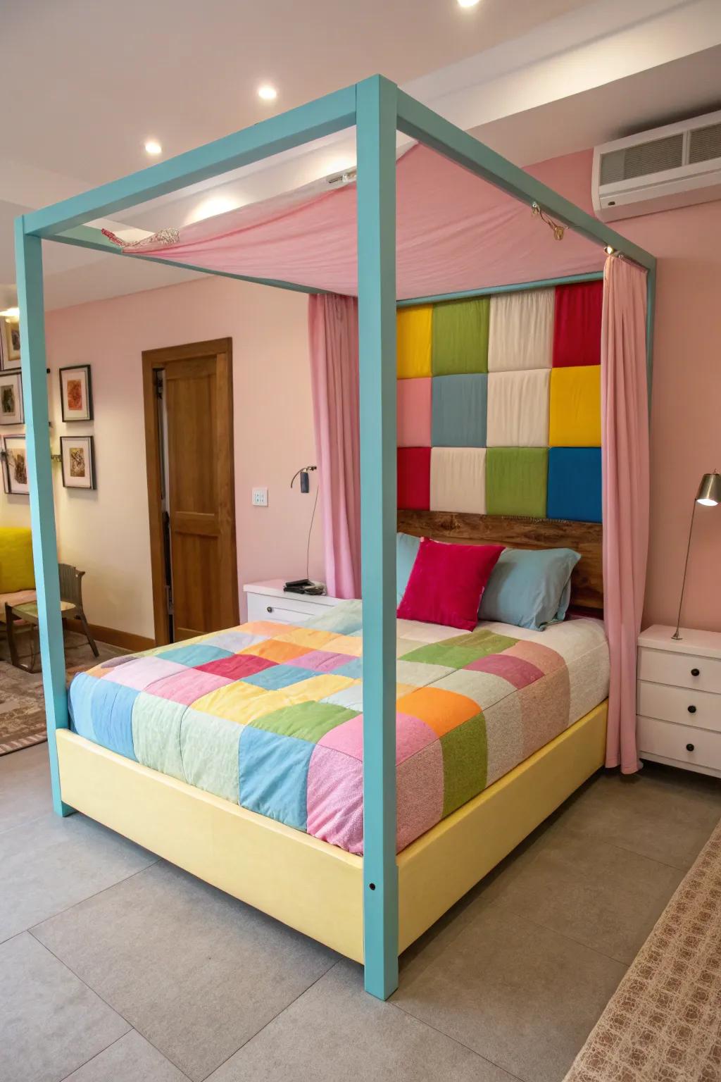 Color-blocking adds a dynamic flair to a canopy bed.