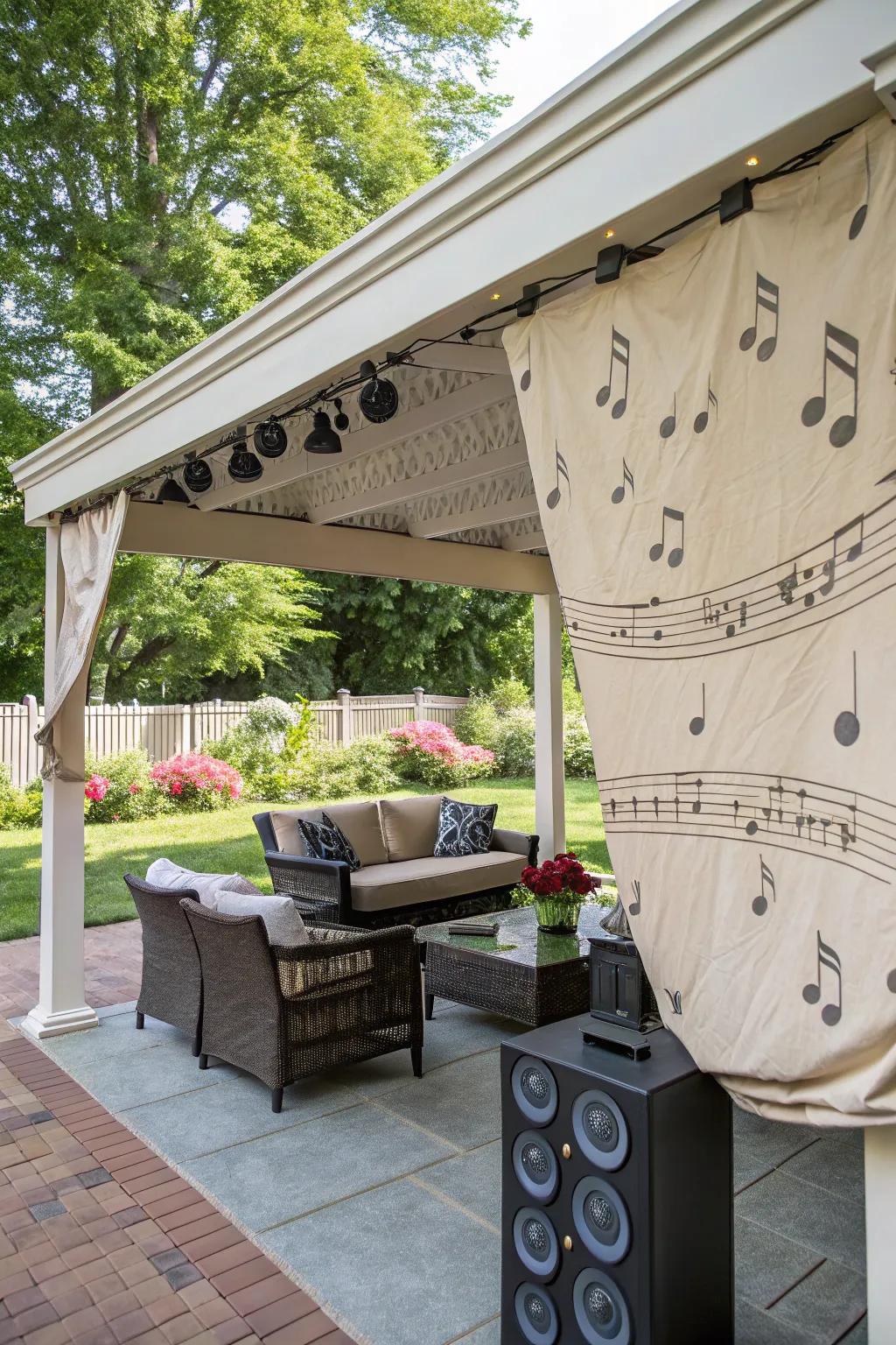 Integrated speakers create a lively atmosphere under canvas covers.