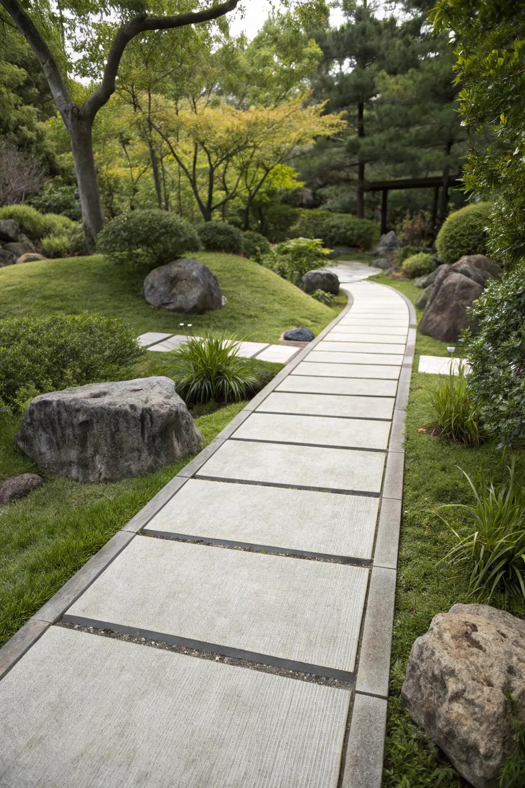 Zen-inspired cement walkway for a tranquil garden experience.