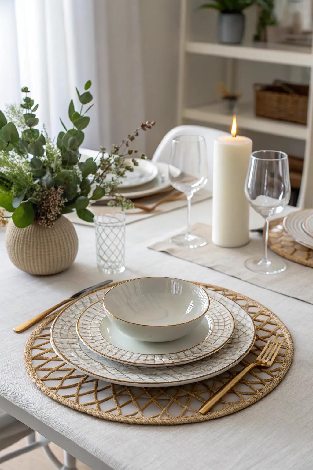 Minimalist elegance with a ceramic plate centerpiece base.