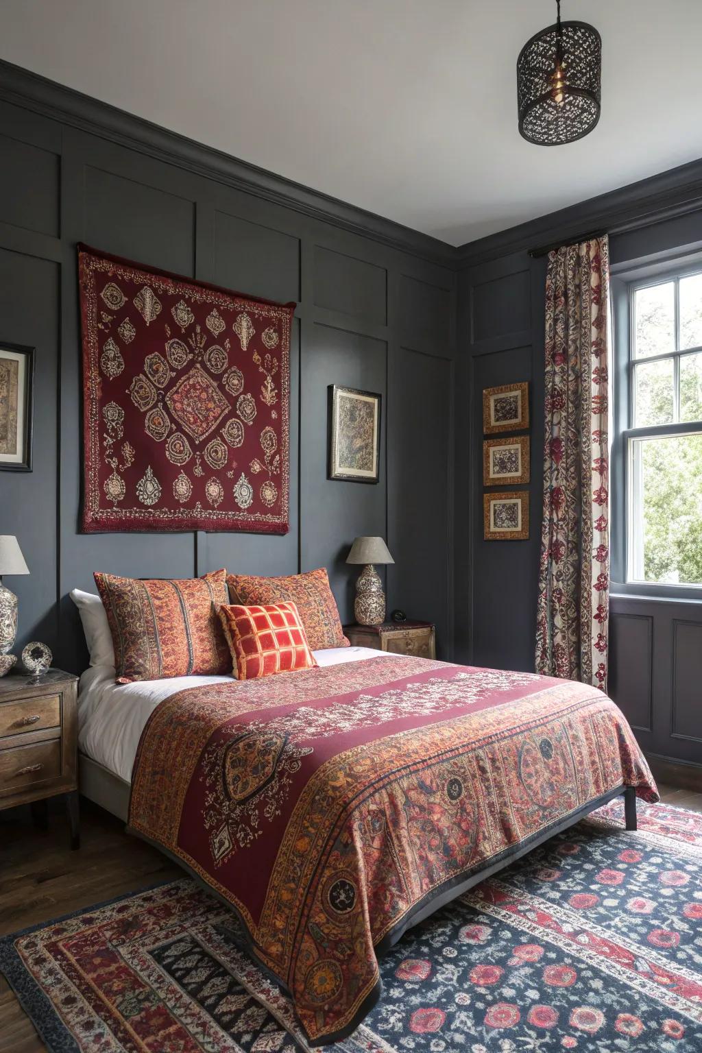 Bold patterns enliven a charcoal-themed bedroom.