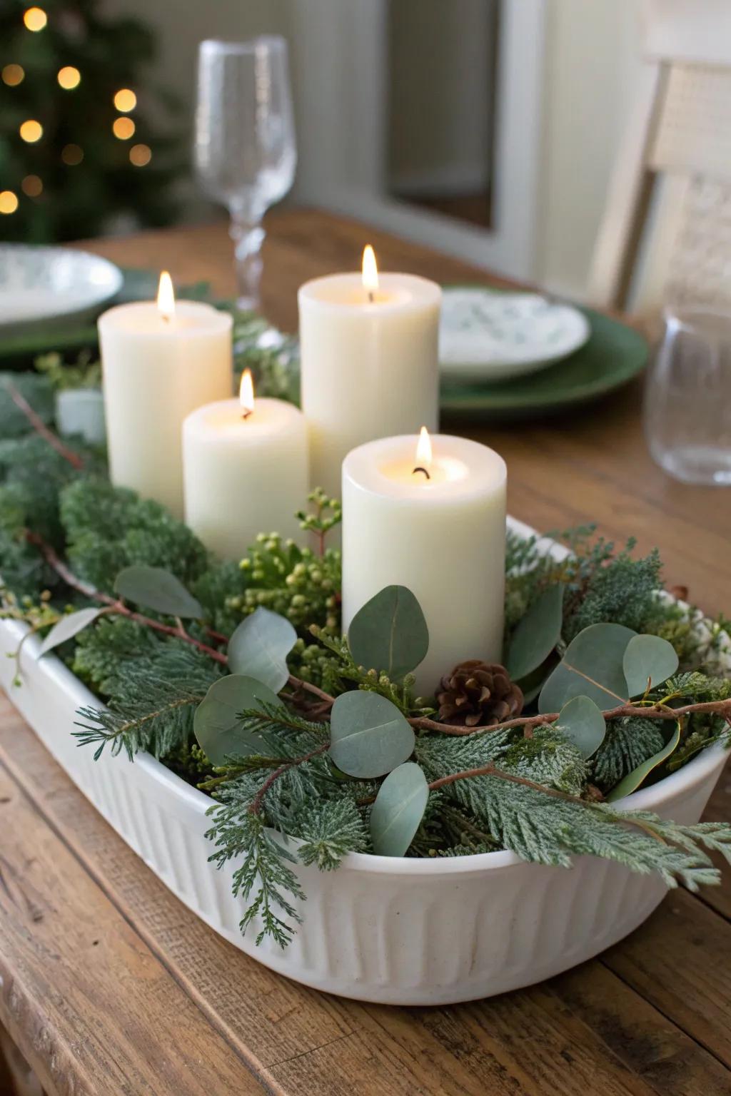 A minimalist white delight centerpiece offers serene holiday elegance.