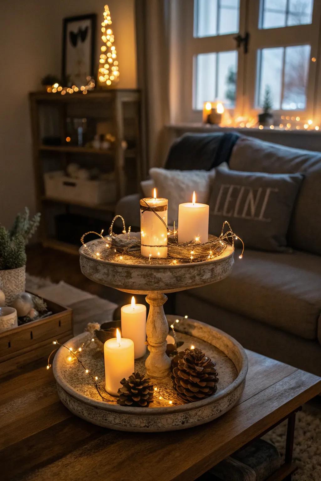 A warm and inviting festive light display on a tiered tray.