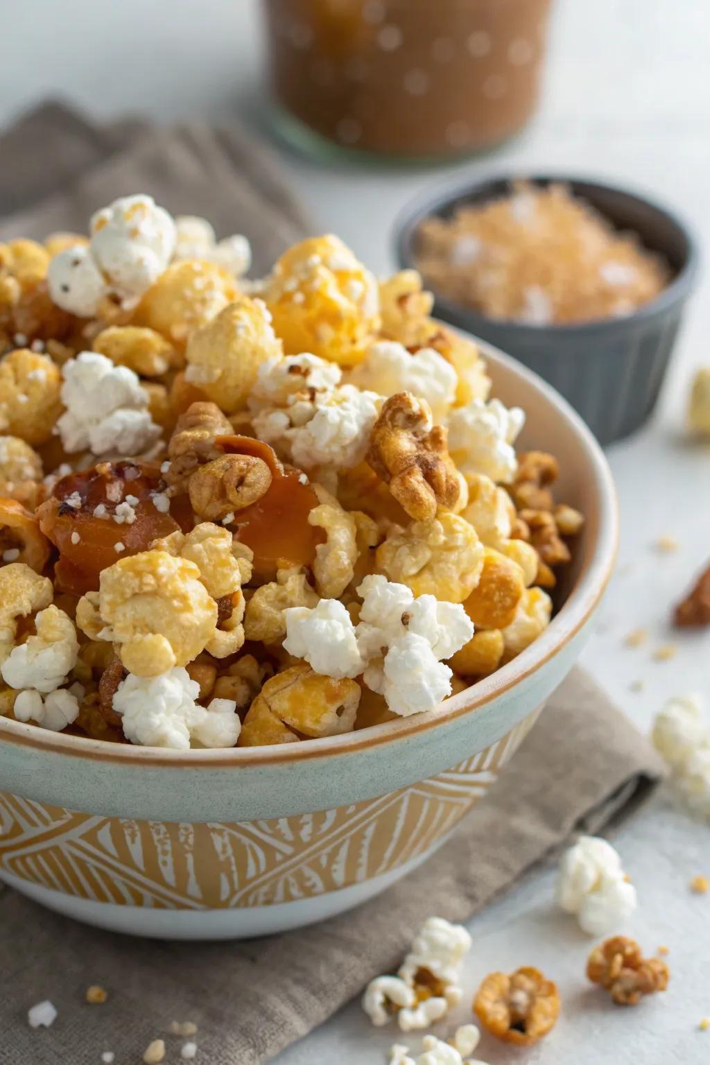 Sweet and savory popcorn, a delightful twist on a classic snack.