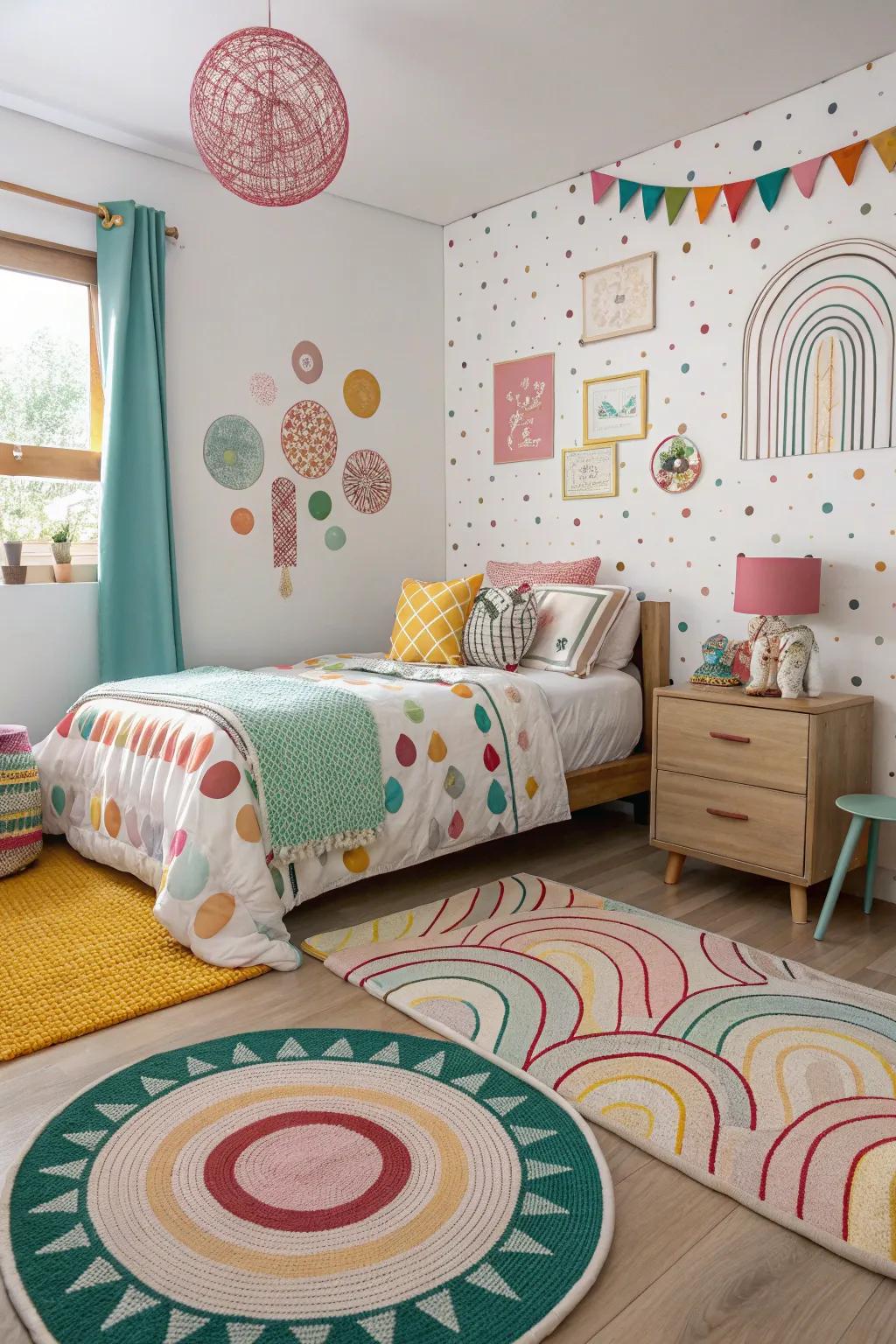 Whimsical elements add playfulness to this bedroom.