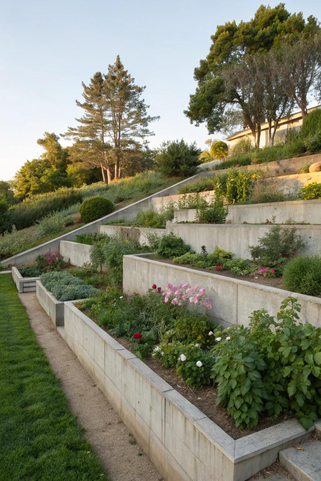 Concrete retaining walls add structure and support.