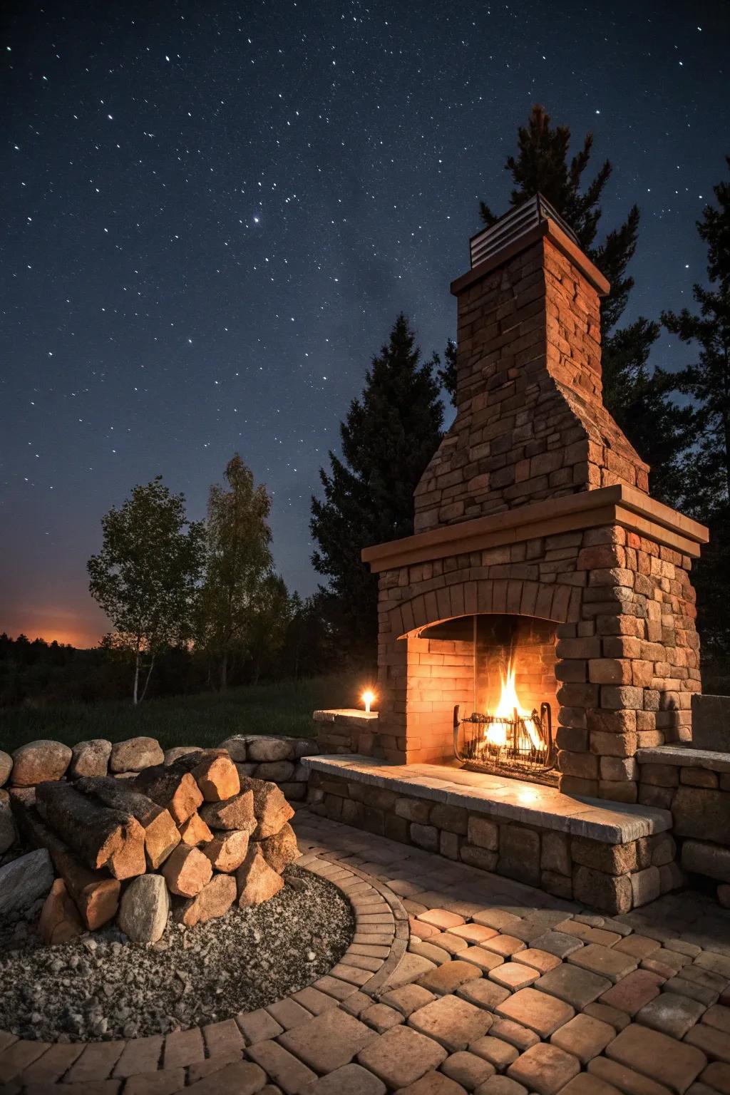 An outdoor fireplace with a fire pit adds grandeur and warmth to your space.