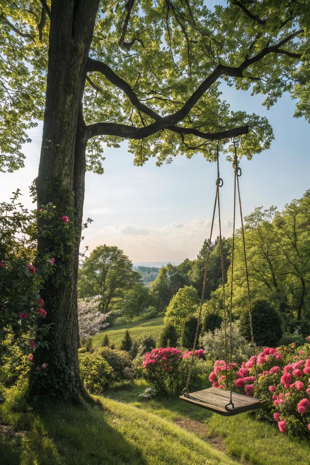 A garden swing invites relaxation and play.