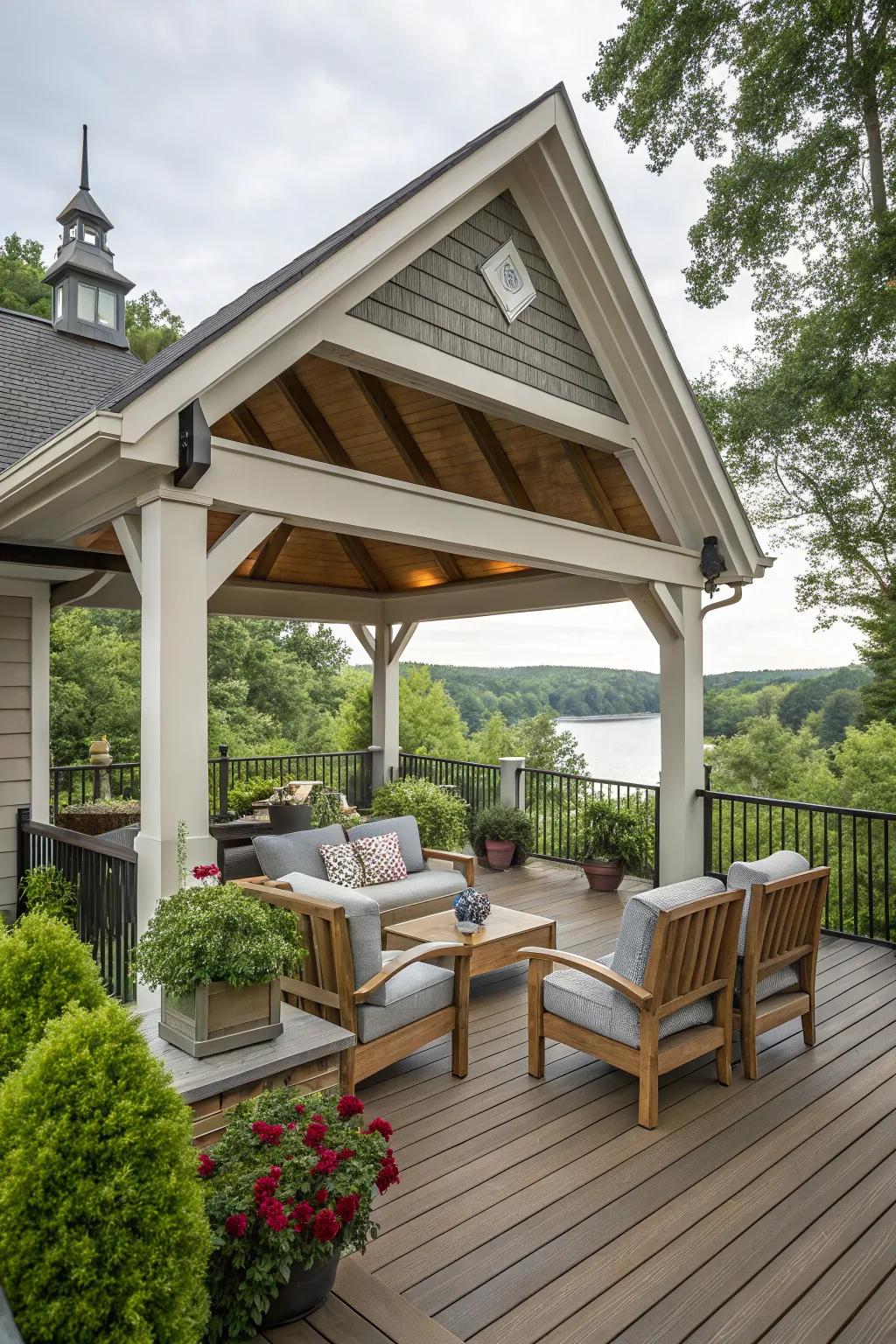 A gabled roof transforms your deck into a year-round extension of your home.