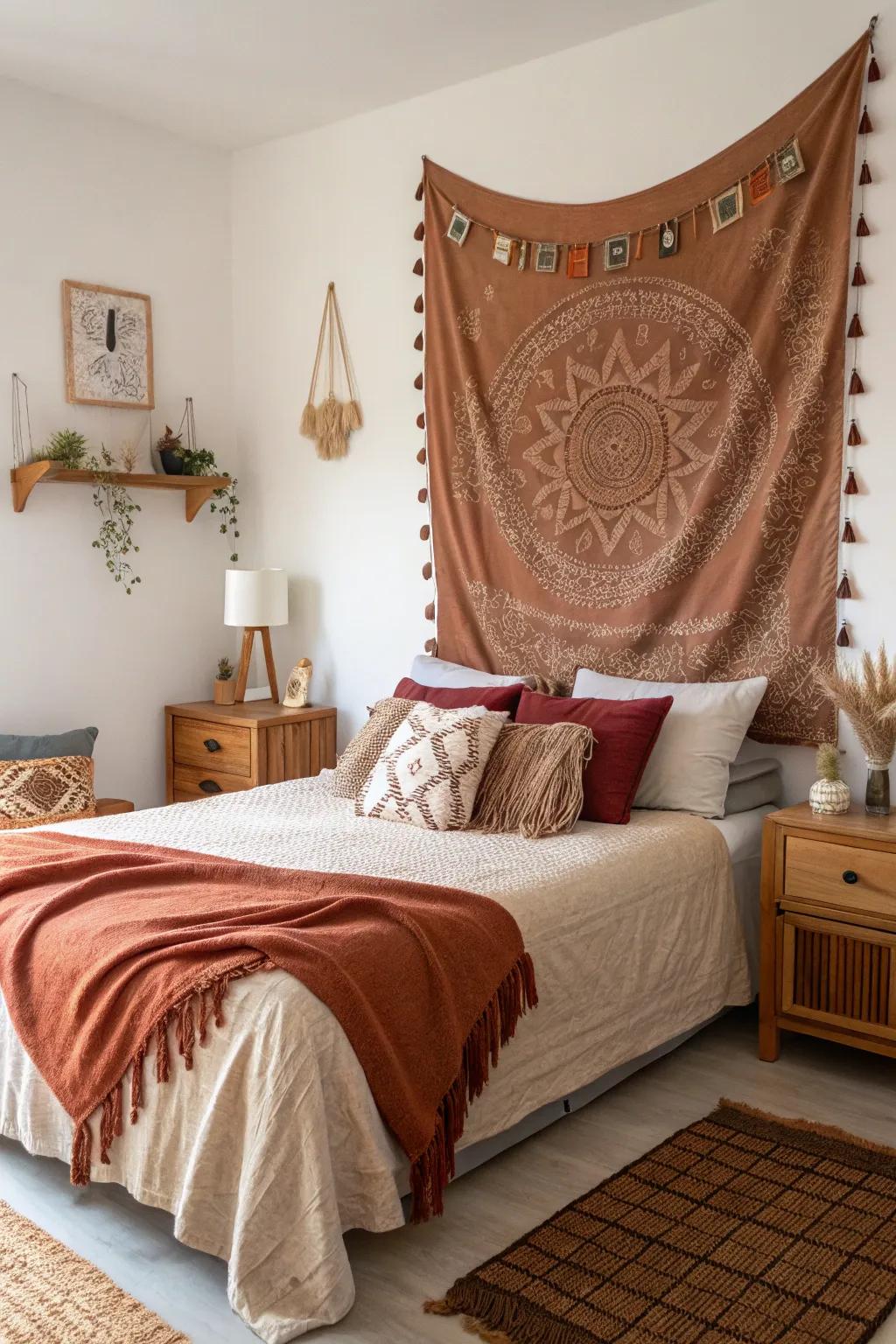 A bedroom enhanced by a brown-toned wall tapestry adding depth.