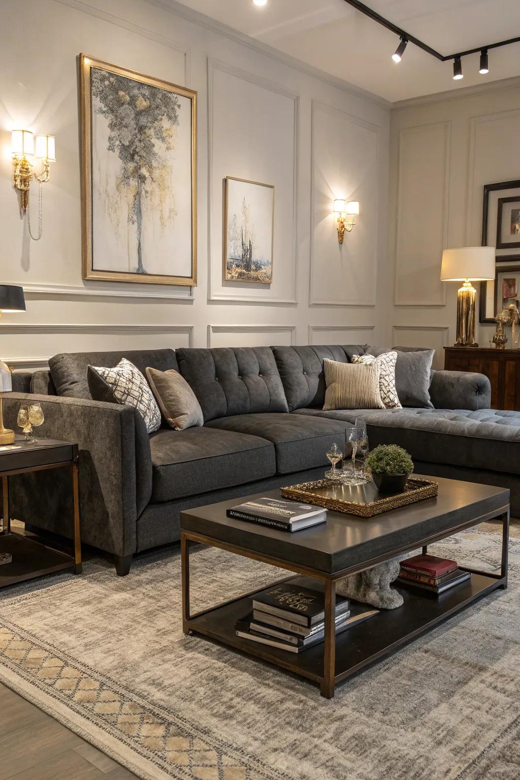 A statement coffee table anchors the living room.