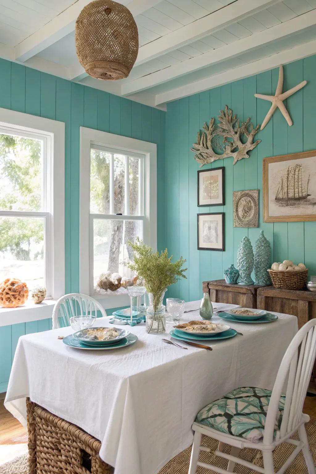 A refreshing dining room inspired by the vibrant tones of turquoise.