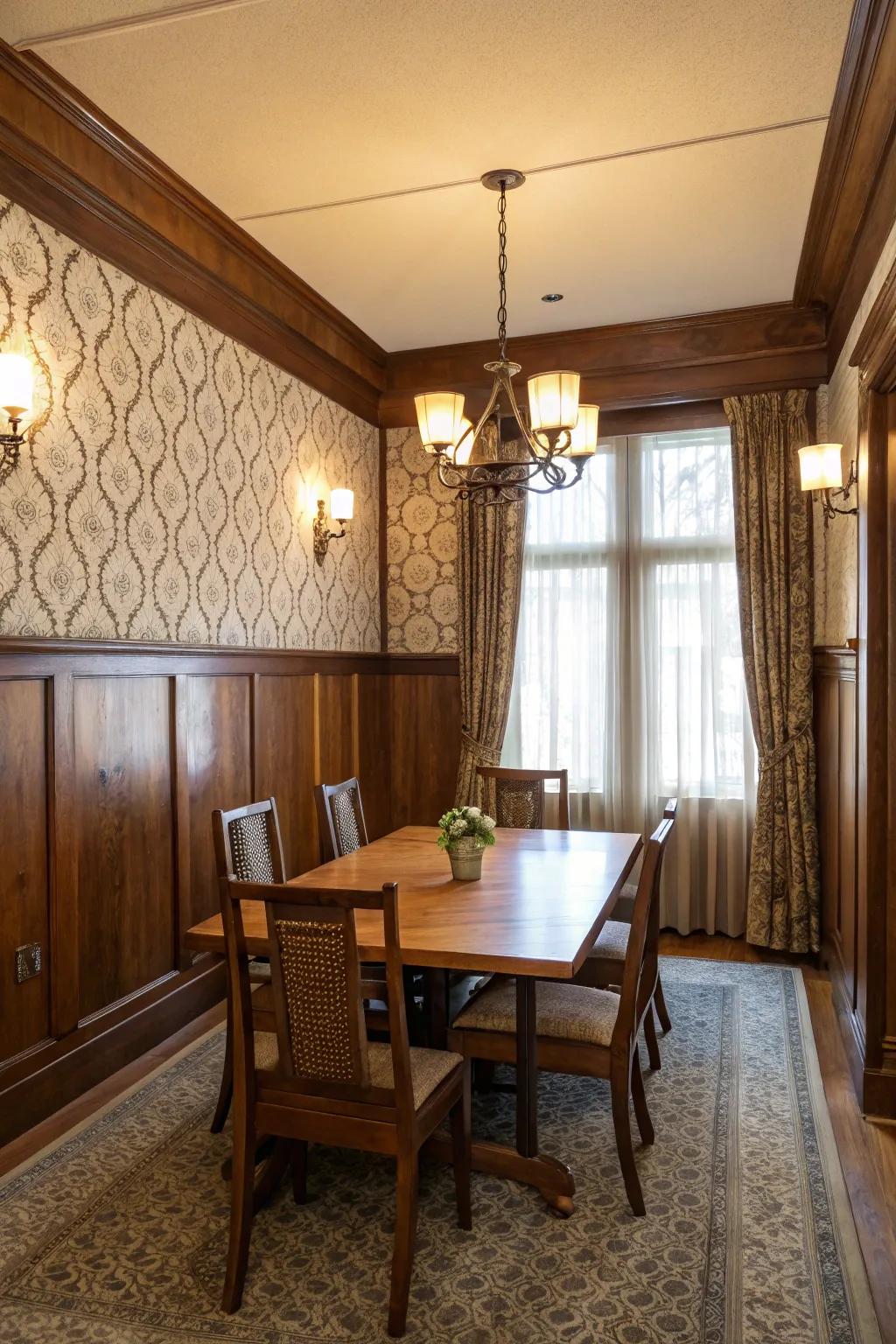 Paneling and wallpaper create a textured and sophisticated look in the dining room.