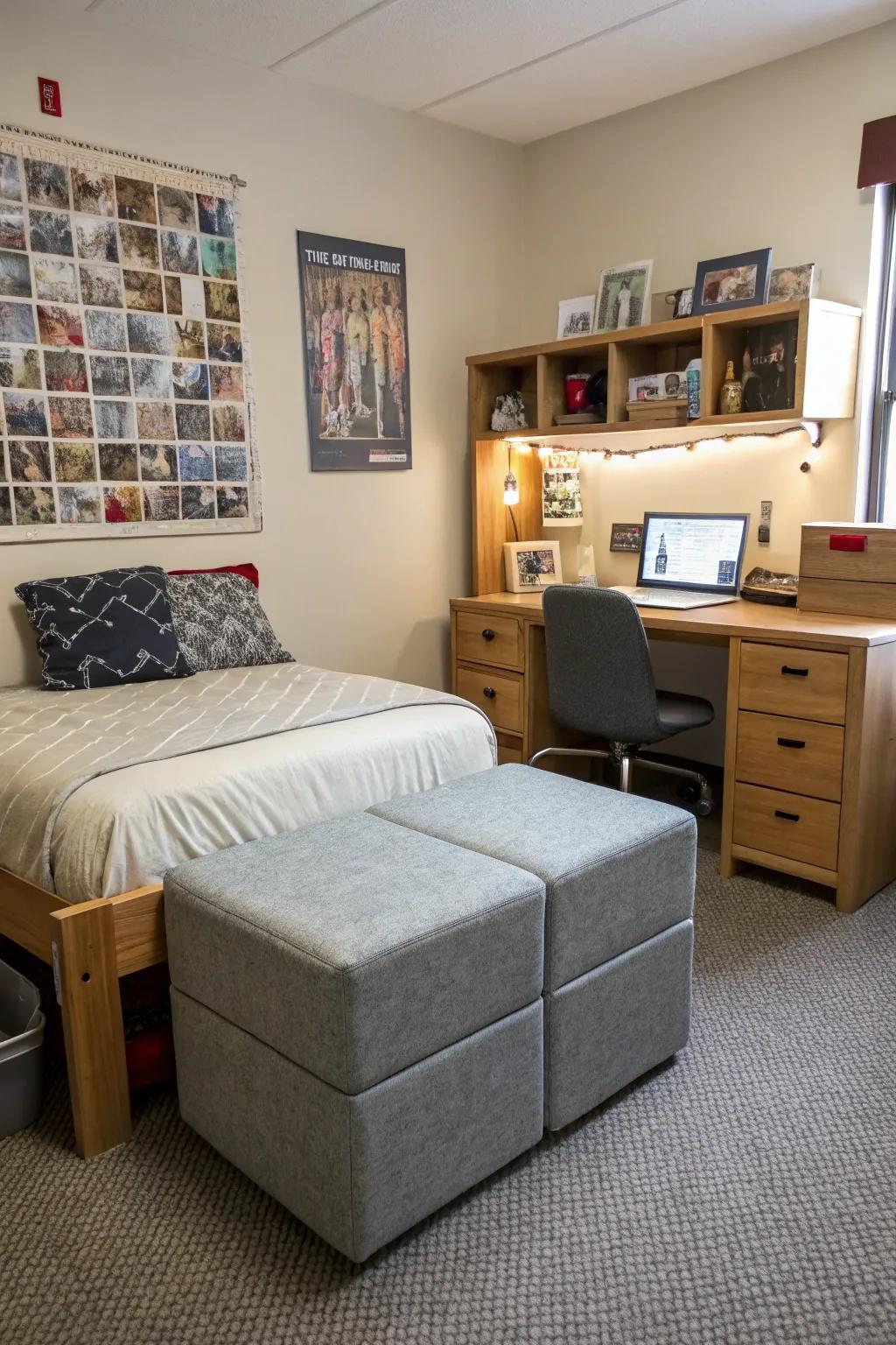 Multifunctional furniture in a dorm room, combining style and utility.