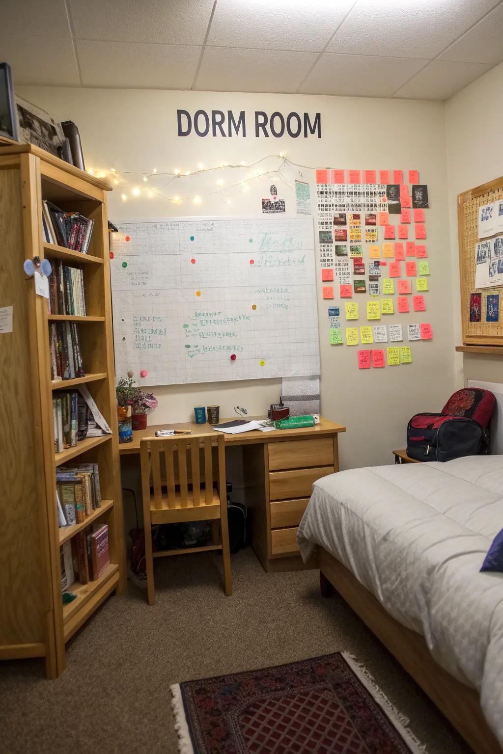 A whiteboard is a practical tool for staying organized in your dorm.