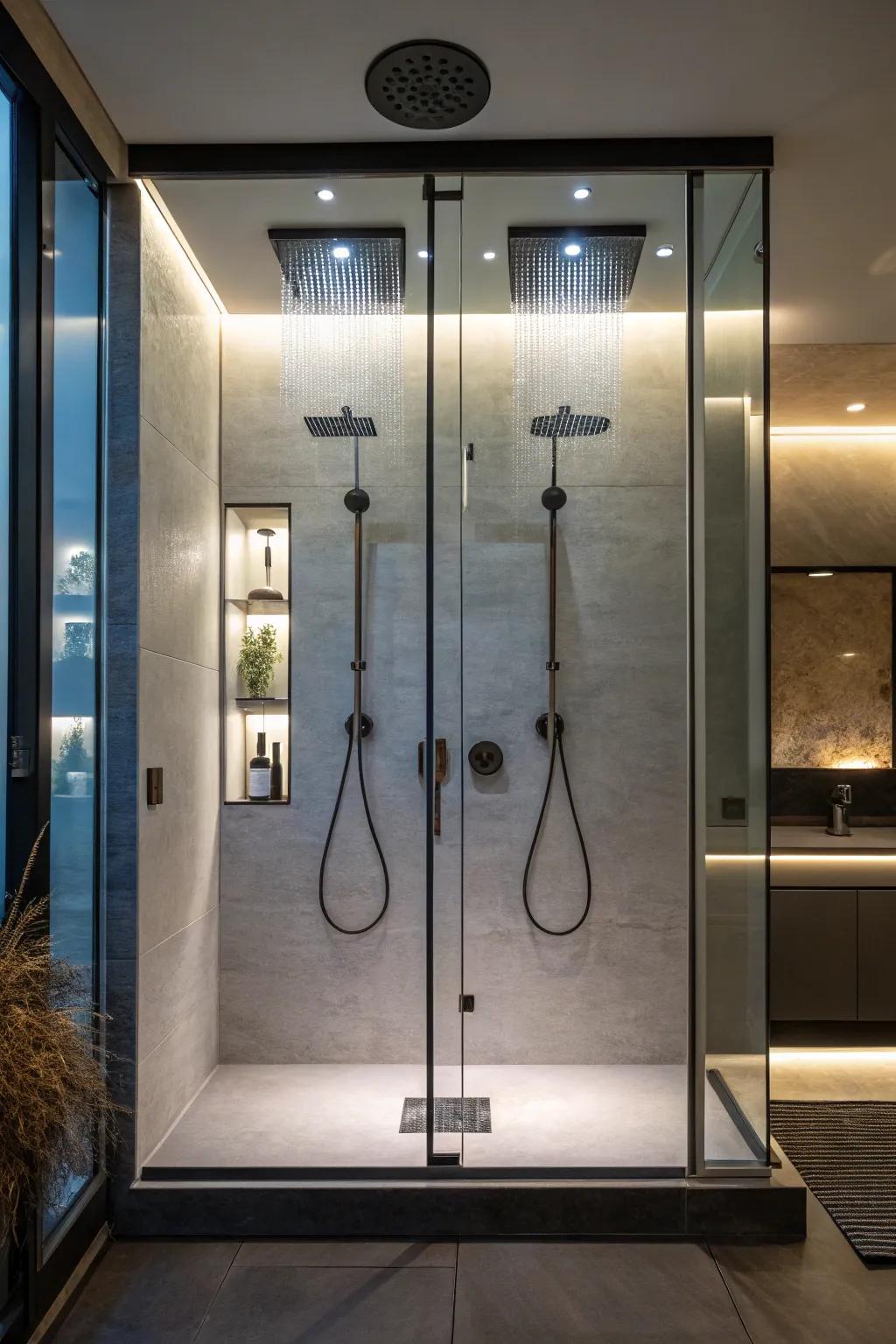 Set the perfect ambiance with mood lighting in your double shower.