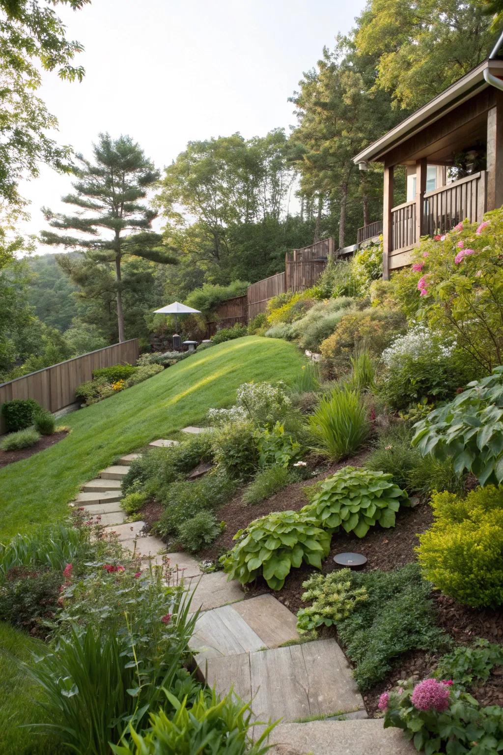 Native plant borders enhance the natural beauty of a sloped garden.