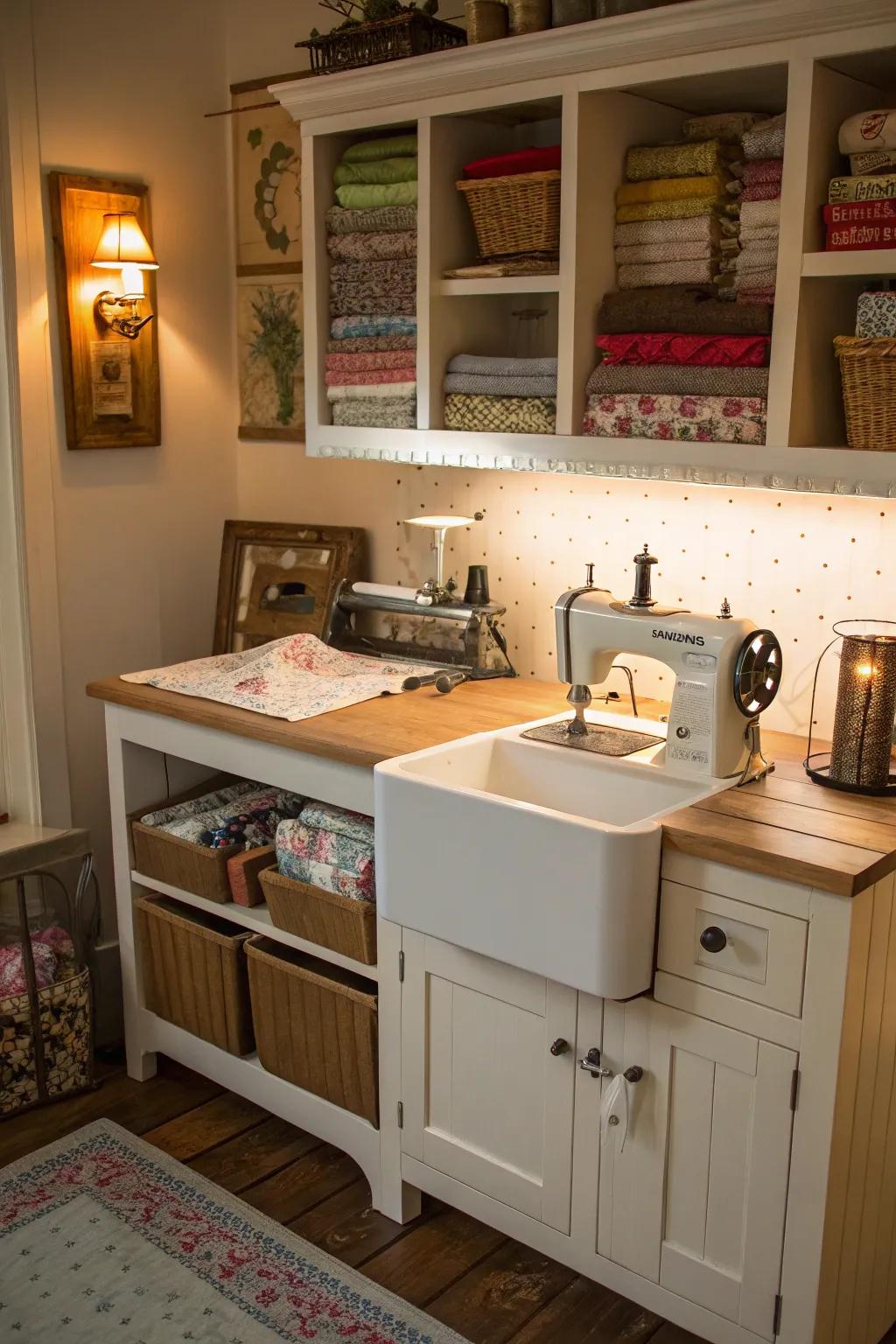 A sewing station created from a practical dry sink.