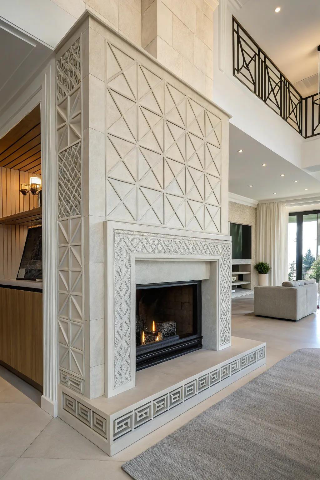 Geometric designs bring a modern flair to a drywall fireplace.